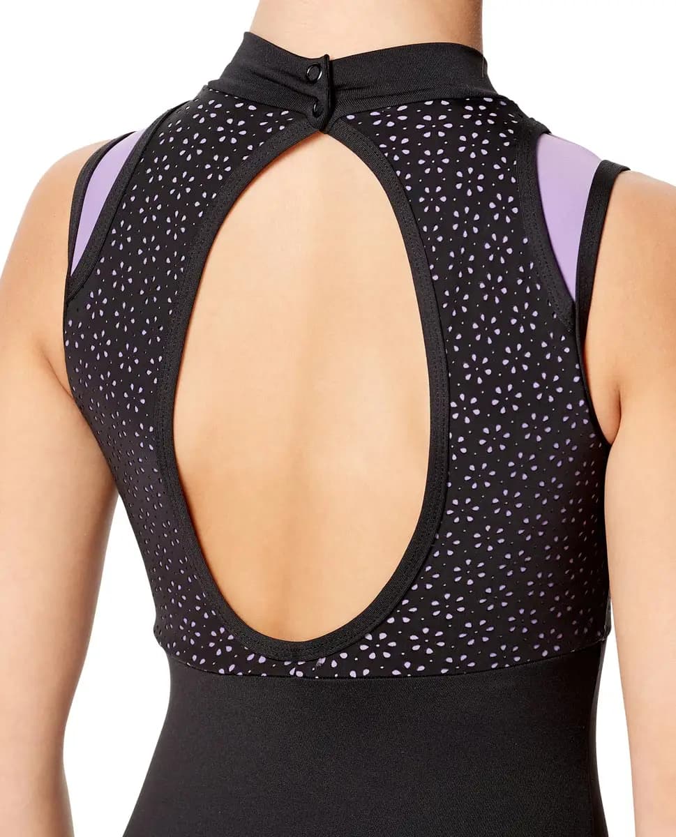 Girls Laser Cut Two Color Mock Neck Leotard Adriana