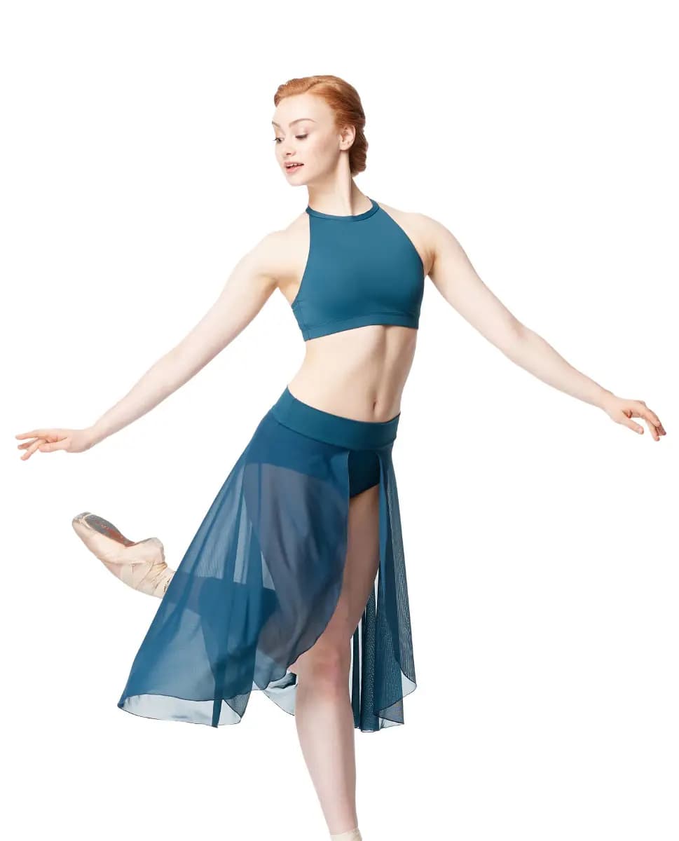 Dancer wearing dark teal Fantina high-waist mesh long skirt with front slit