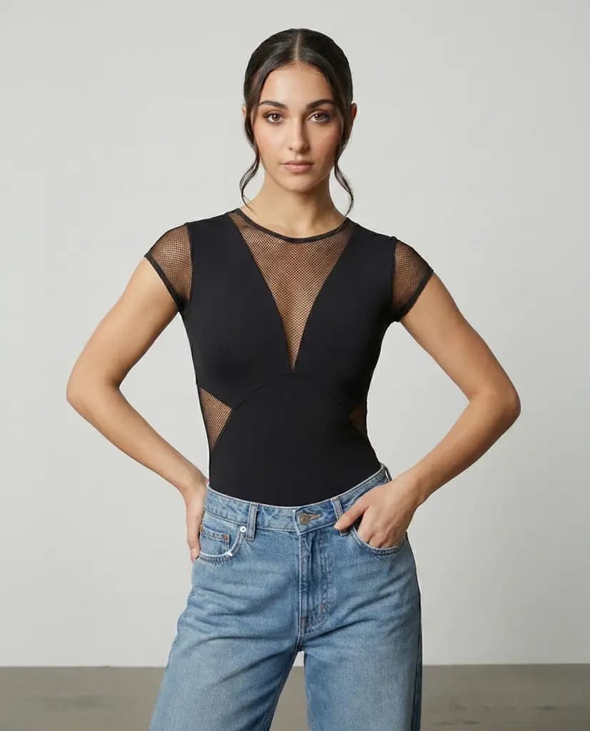 Orlina Open-Back Mesh Cap-Sleeve Bodysuit