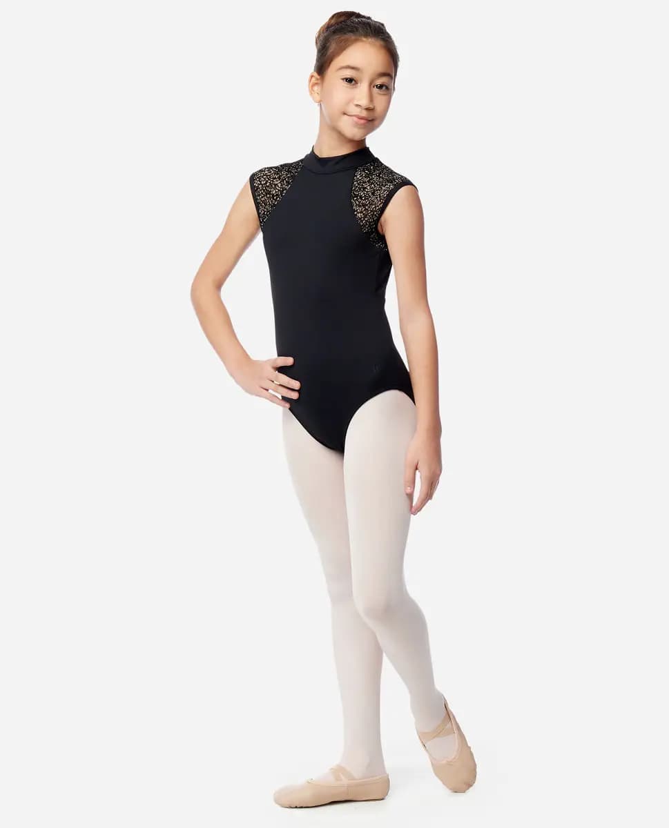 Girls Mock Neck Flocked Mesh Leotard Leona