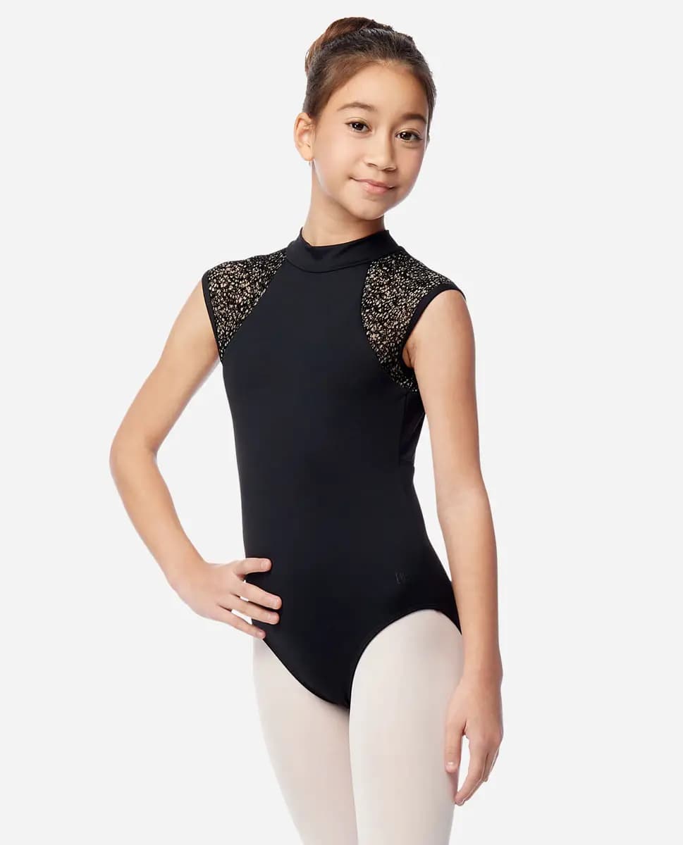 Girls Mock Neck Flocked Mesh Leotard Leona