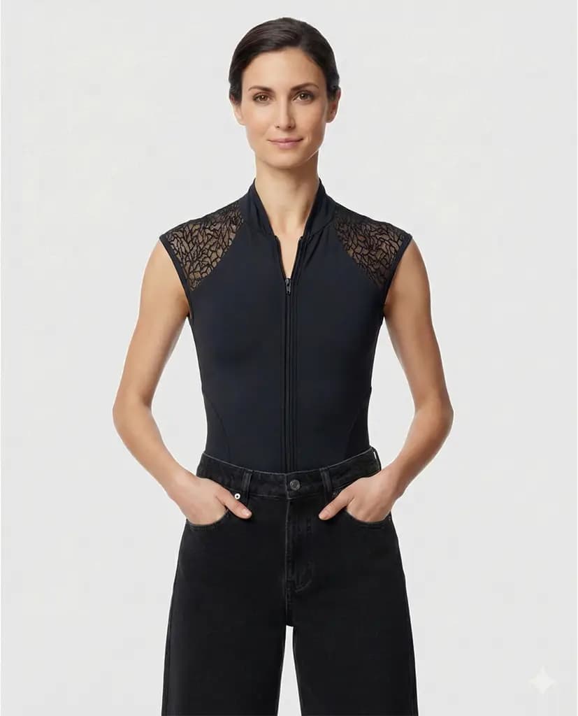 Ariella Lace-Back Mock-Neck Zip-Front Bodysuit