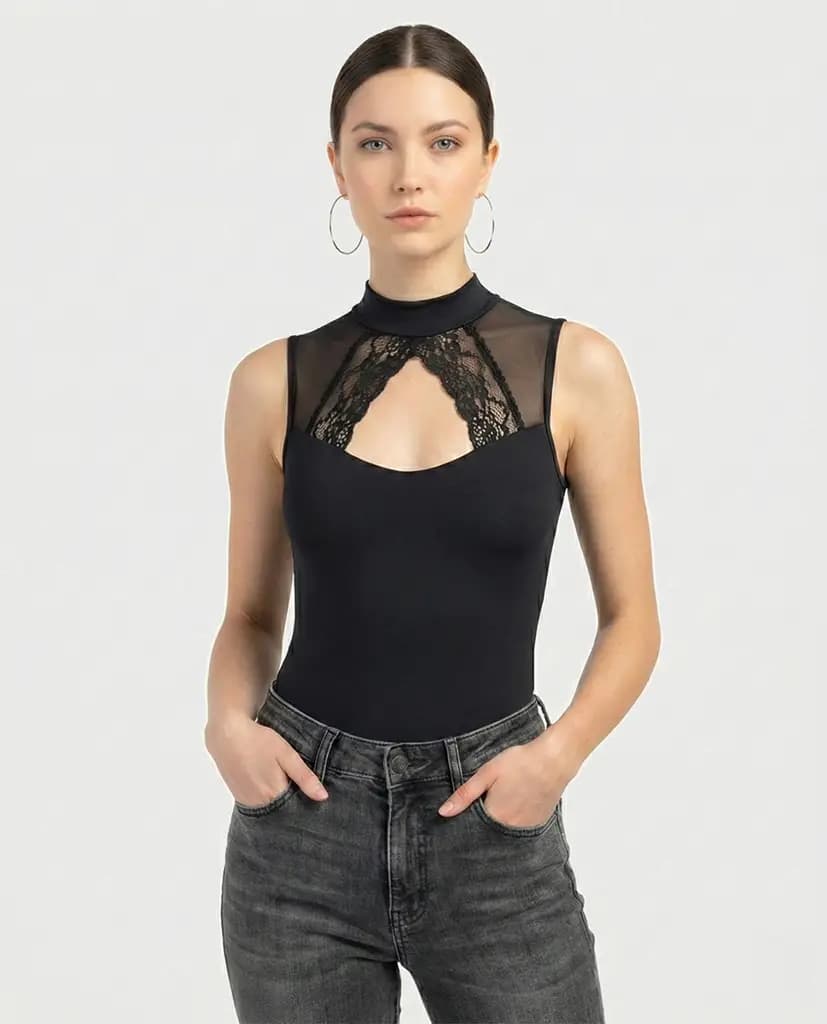 Valerie Illusion Mesh & Lace Mock-Neck Bodysuit