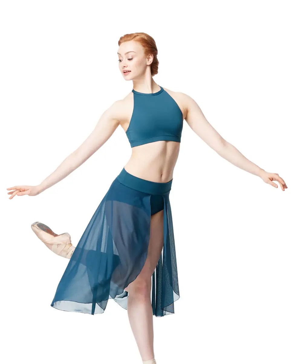 Dancer wearing dark teal Fantina high-waist mesh long skirt with front slit