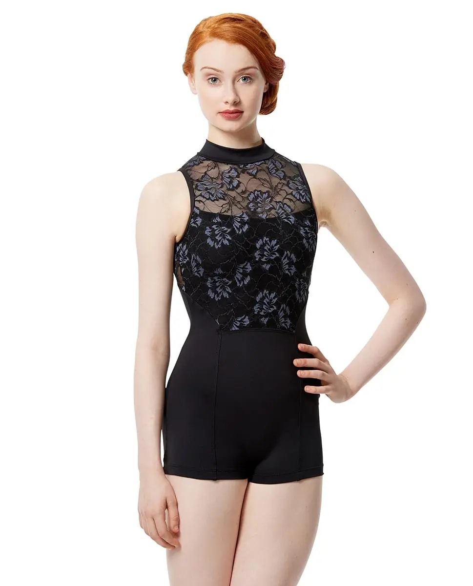 Women Colored Lace Mock Neck Biketard Elsa