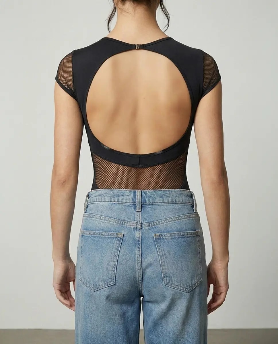 Orlina Open-Back Mesh Cap-Sleeve Bodysuit - View 2