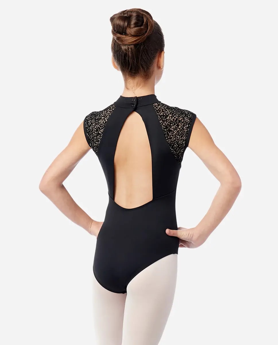 Girls Mock Neck Flocked Mesh Leotard Leona