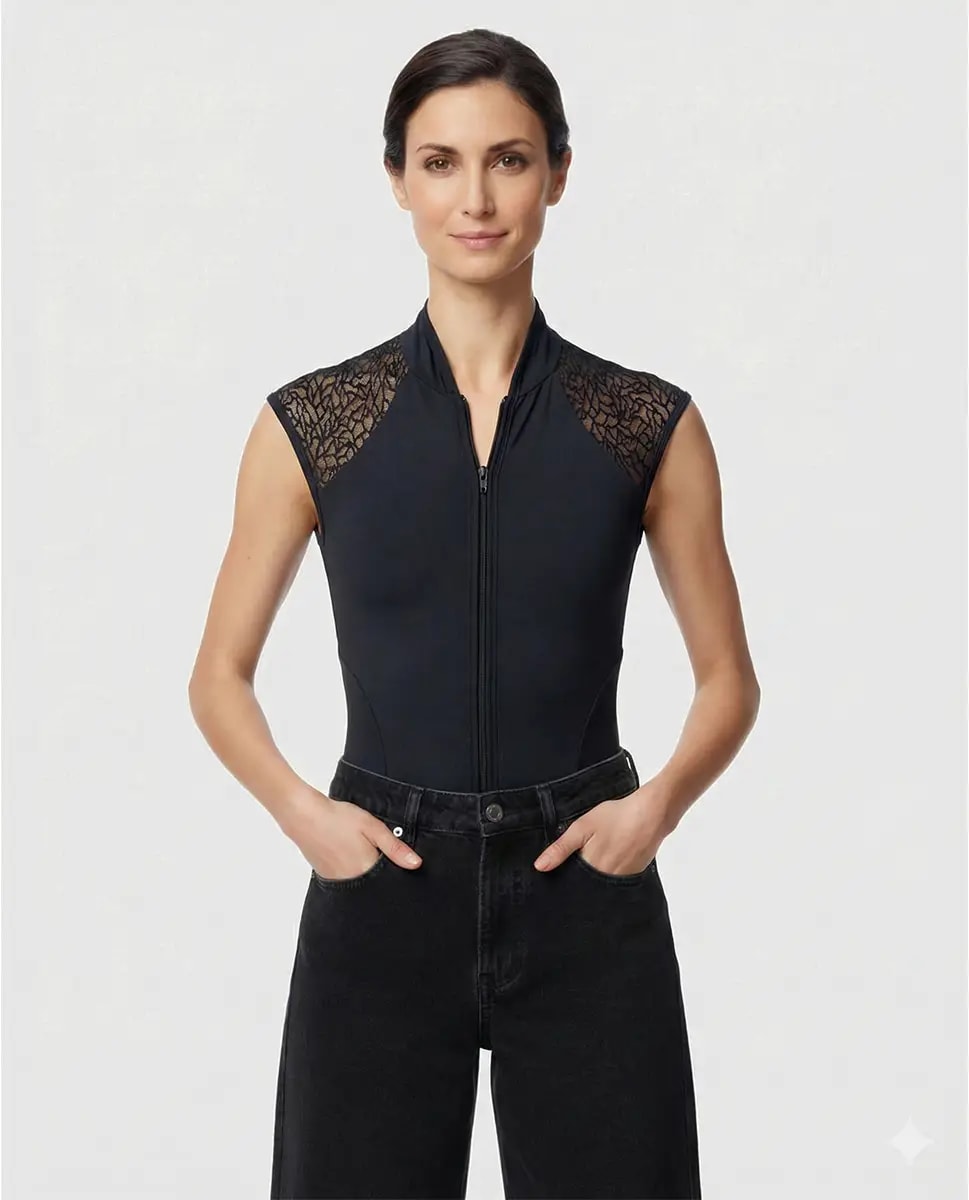 Ariella Lace-Back Mock-Neck Zip-Front Bodysuit - View 1