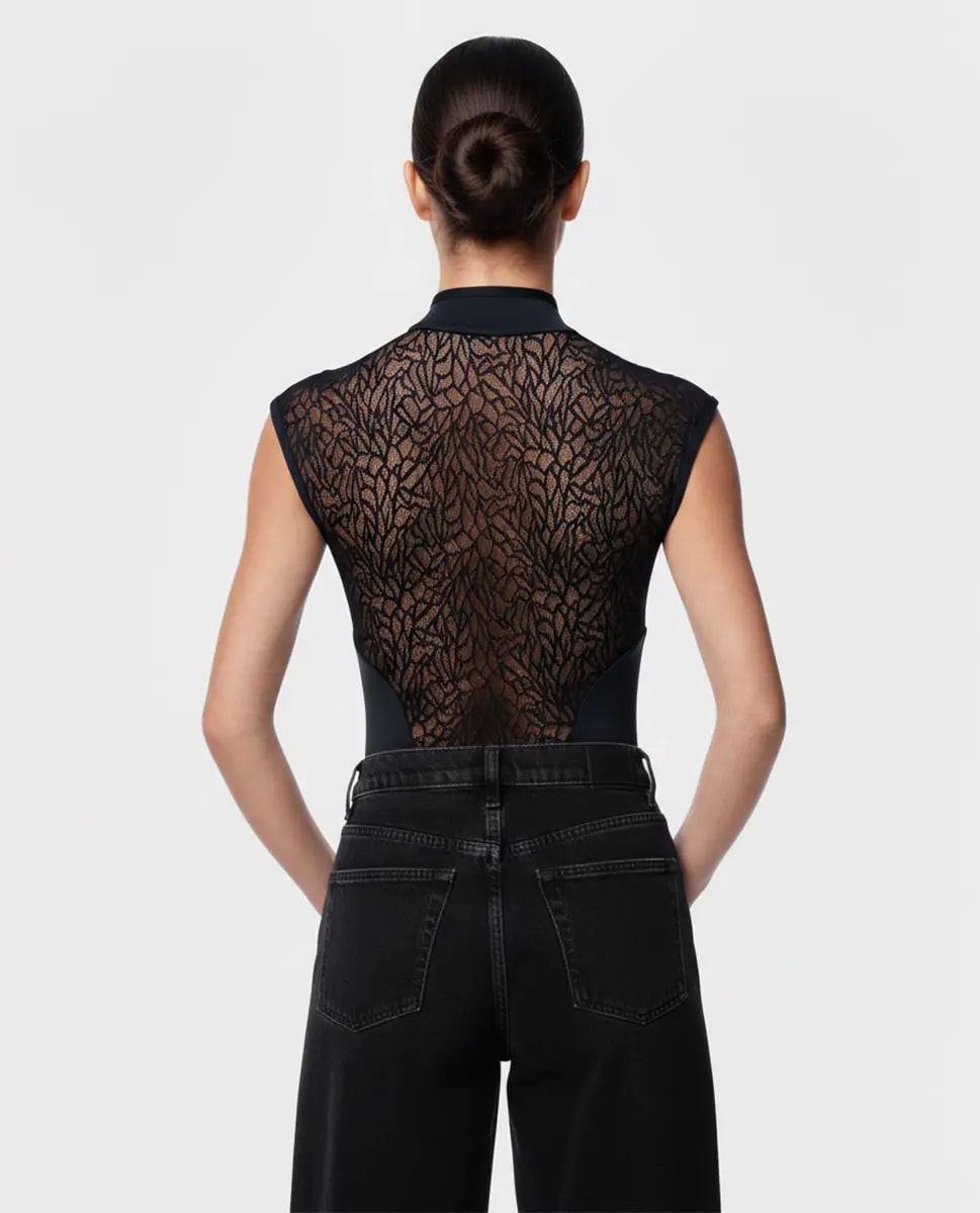 Ariella Lace-Back Mock-Neck Zip-Front Bodysuit - View 2