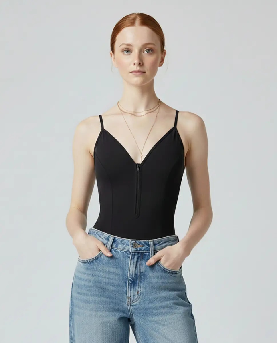Millie Lace-Back Camisole Zip-Front Bodysuit - View 1