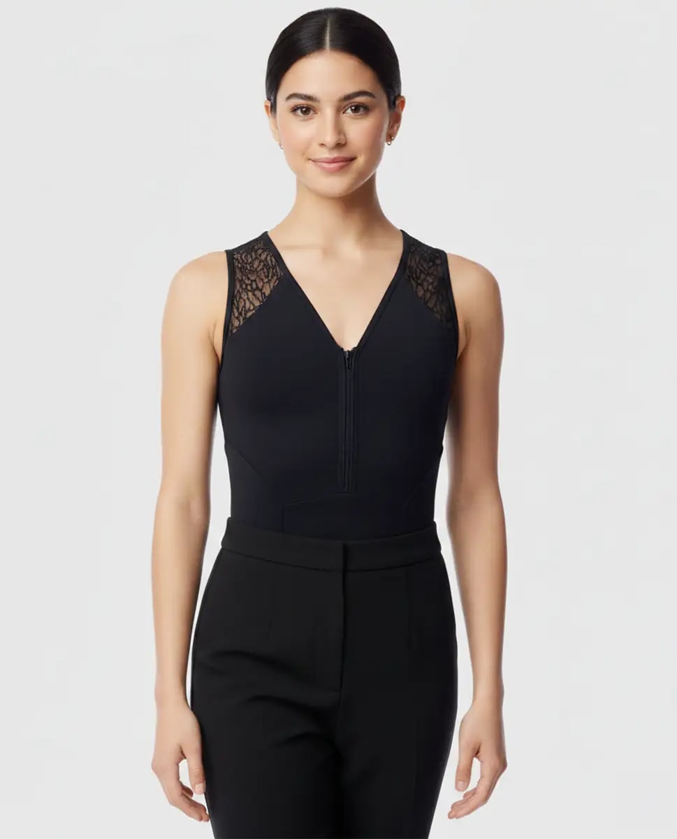 June Lace-Back Tank Zip-Front Bodysuit - View 1