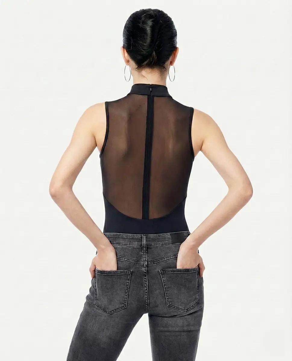 Valerie Illusion Mesh & Lace Mock-Neck Bodysuit - View 2