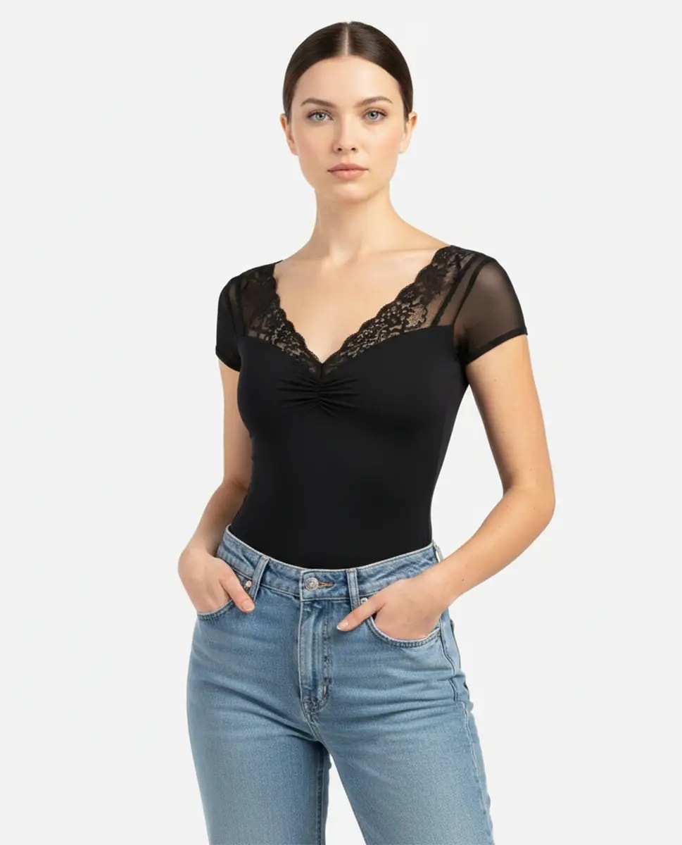 Valeria Lace-Trim Cap-Sleeve Bodysuit - View 1